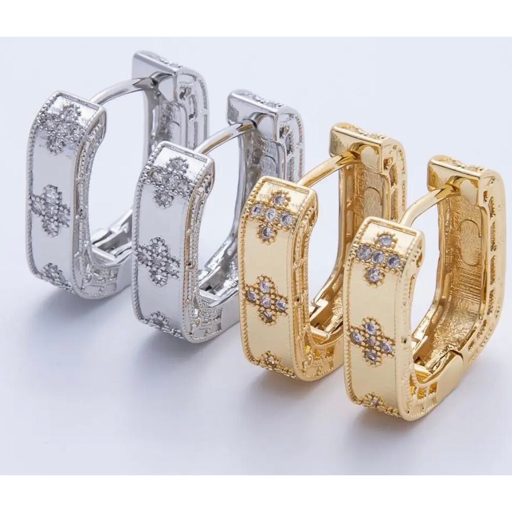 14K Gold Filled 19.5mm Flower Cz Square Hoop Earrings in Gold - Picture 3 of 3